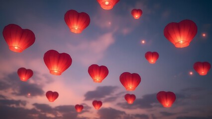 Red Heart Shaped Lanterns Floating Evening Sky image