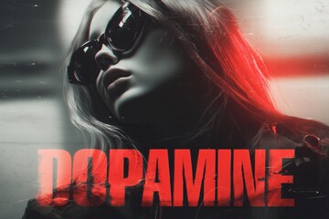 Grunge portrait with red dopamine text, Black and white photo with red accent, Urban editorial style for emotion concept