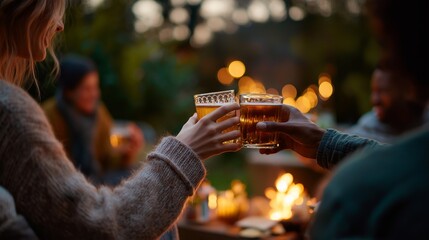 Friends enjoying drinks around a cozy fire under the evening sky in an outdoor gathering