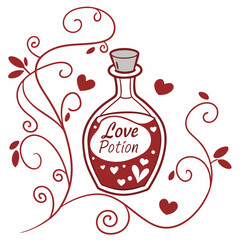 Romantic love potion bottle with swirling vines