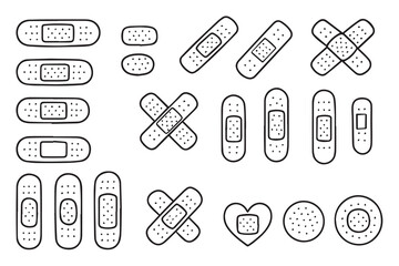 Set of doodle style bandage icons. Bandage for treating minor skin cuts, post-surgical stitches, skin damage and wounds. Vector illustration