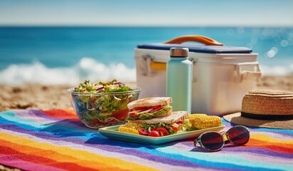 A vibrant beach picnic setup with colorful blanket, lunchbox filled with sandwiches and salad, blue water bottle, sunglasses, and corn chips in bowl against backdrop for relaxed summer seaside dining