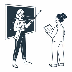 Teacher explaining lesson to student classroom blackboard