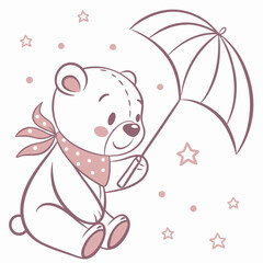 Cute bear holding umbrella under stars