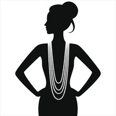(Rope-length necklace)Elegant Silhouette of a Woman Wearing a Pearl Necklace/A stylish black and white silhouette of a woman wearing a layered pearl necklace.