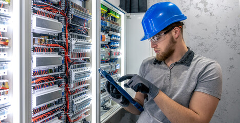 Visual panel inspection. Electrician near switchboard. Electrical system control.