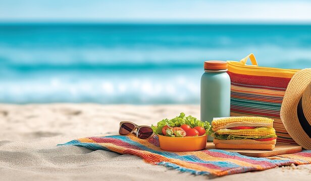 Vibrant beach picnic setup with colorful blanket, sunglasses, hat, and water bottle beside ocean waves, featuring a sandwich in orange bowl with fresh vegetables under blue sky