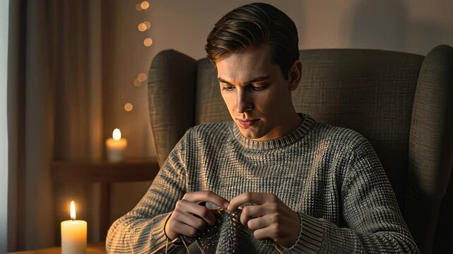 Young caucasian man knitting in cozy armchair, enjoying hobby and handmade craft. Relaxing evening with candles. Footage.