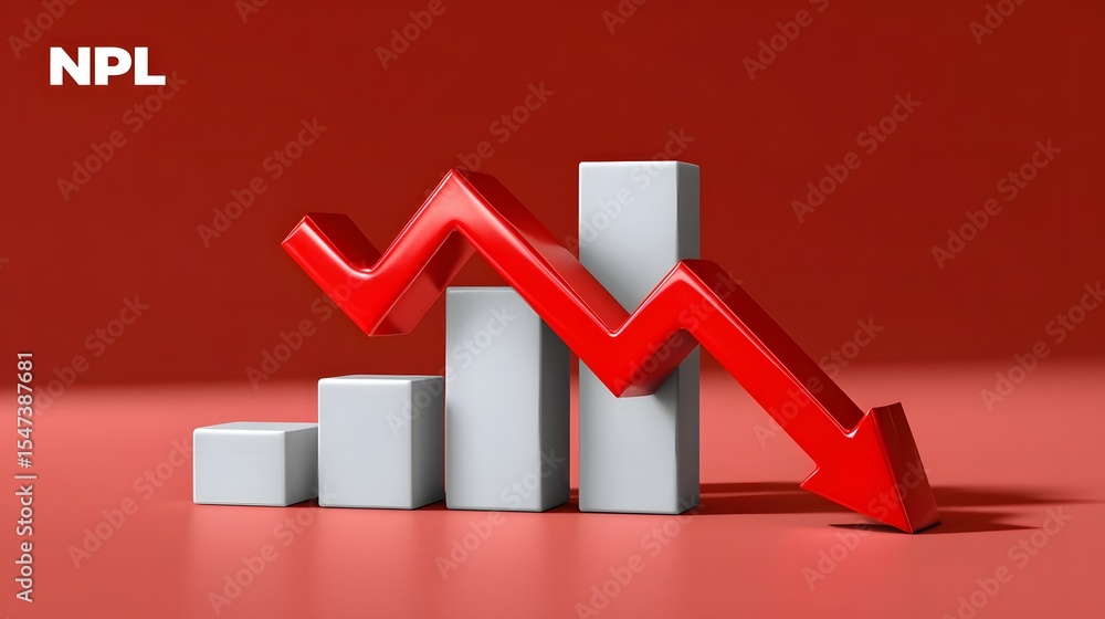 Poster plummeting bank graph with red downward arrow and npl text