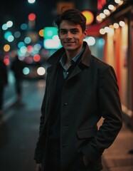 Young man with a faint smirk, exuding confidence in a vibrant urban setting