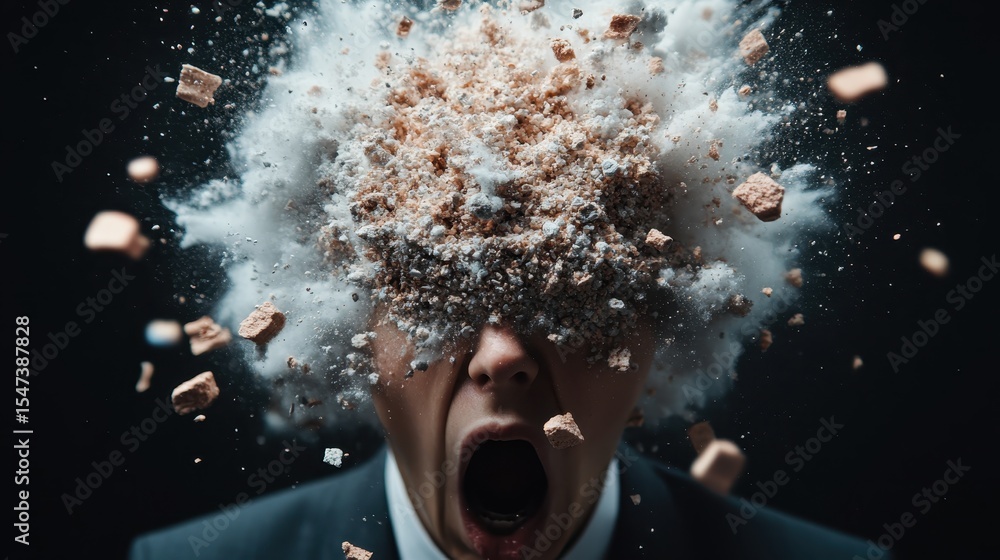 Poster a dramatic image of a person with an exploding head of cloud-like particles capturing intense emotio