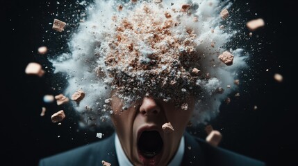 A dramatic image of a person with an exploding head of cloud-like particles capturing intense emotion, showcasing the chaotic blend of creativity and frustration in one powerful moment.