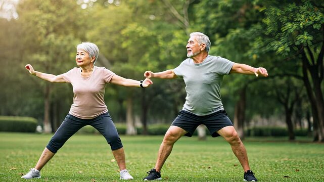 Senior asian woman and man in sportswear stretching outdoors in park, happy active lifestyle for older people footage.
