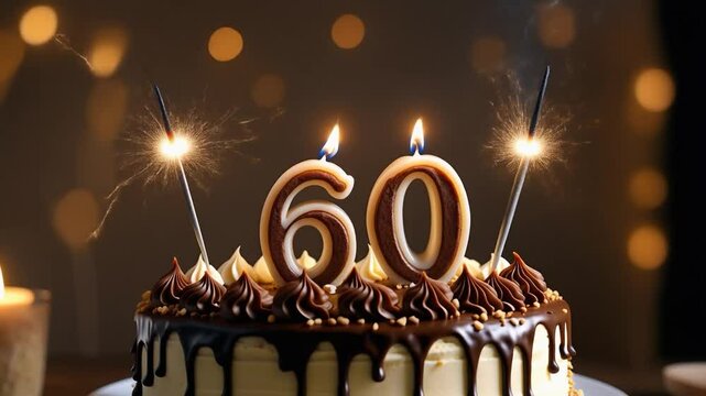 A beautifully decorated cake with "60" candles and sparklers, celebrating a milestone birthday with elegance and joy. - Powered by Adobe
