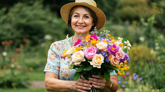 Senior caucasian woman holding fresh flower bouquet in lush green garden. Happy elder picking flowers for greeting card.