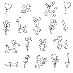 Hand drawn balloon animals. Round toy animals, cute party decorations. Festive helium objects for fun in doodle style. Vector 