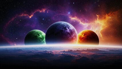 Three colorful planets are rising above the horizon of an unknown planet, with a nebula and stars in the background, creating a breathtaking cosmic scene