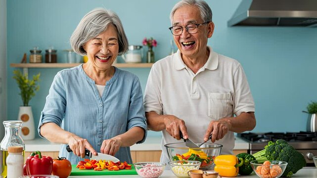 Senior asian woman and man preparing healthy meal, laughing while cooking in modern kitchen, active lifestyle footage.