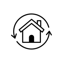 Black house renovation line icon, simple home improvement with arrow flat design symbol vector for app, logo, ads, web, interface, button, isolated on white background