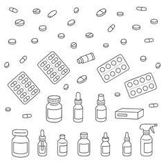 Pharmaceutical components and capsules in container with medicine symbols in simple line style. Pills, drugs, capsules, bottles in doodle style. Vector