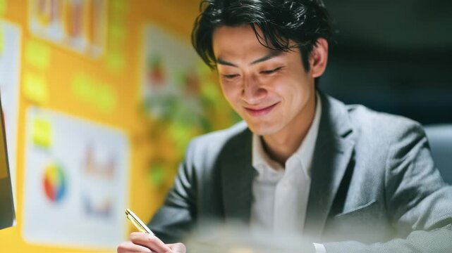 笑顔で資料を作成する若手ビジネスマン