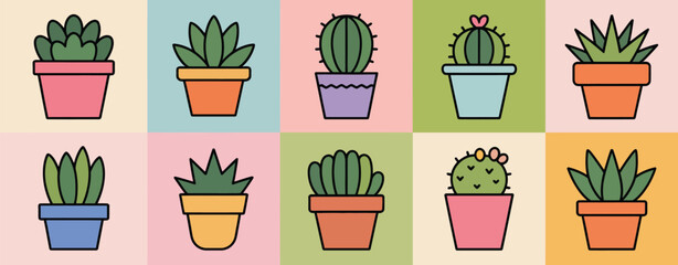 Cute Cartoon Succulents and Cacti in Pots