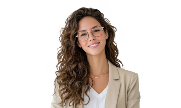 A confident young woman with curly hair and glasses smiles warmly while wearing a beige blazer against a neutral background. conveying professionalism and approachability in a modern office setting