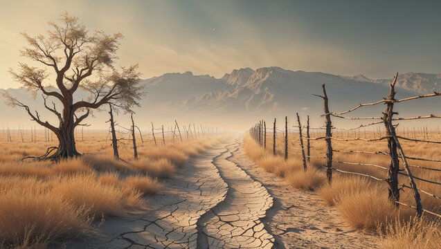 Dramatic landscape of a dry cracked road leading towards distant mountains with an old rustic fence. - Powered by Adobe
