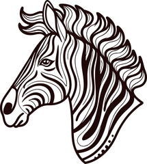 Obraz premium Detailed monochrome illustration of zebra head with stylized mane and bold striped pattern isolated on white