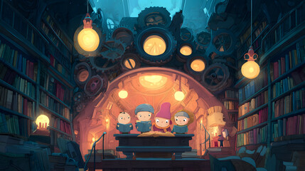 Obraz premium storybook cartoon illustration of curious children