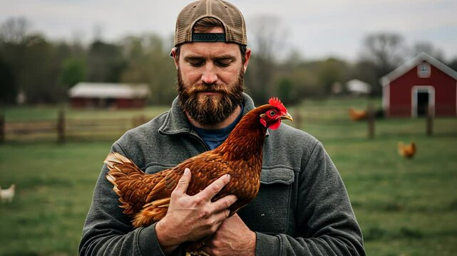 Caucasian man holding brown hen on farm. Adult farmer with chicken in rural setting. Backyard poultry, agricultural concept. Footage.