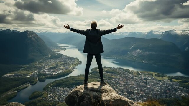 Man in suit standing on mountain peak with arms raised, overlooking valley, city and river, success and freedom concept.