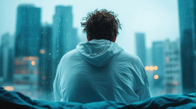 A man sits by the window, looking thoughtfully at the city skyline under rainy weather. The image conveys deep reflection and the emotional aspects of solitude.
