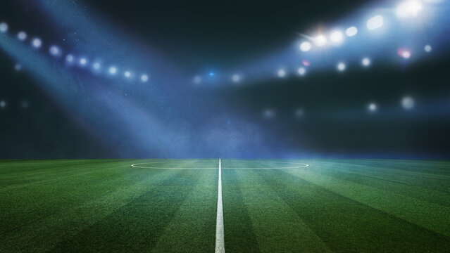 textured soccer game field with neon fog - center, midfield - Powered by Adobe