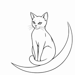 Elegant Cat Sitting on Crescent Moon – Black and White Outline Vector