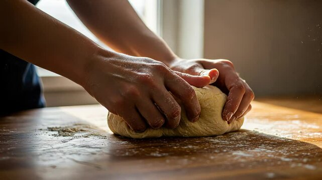 Woman kneading dough on a wooden table. Homemade bread making process with flour dust in the air.