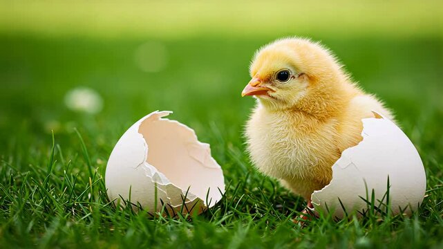 Cute baby chick stands next to a broken eggshell on green grass, symbolizing new life and spring.