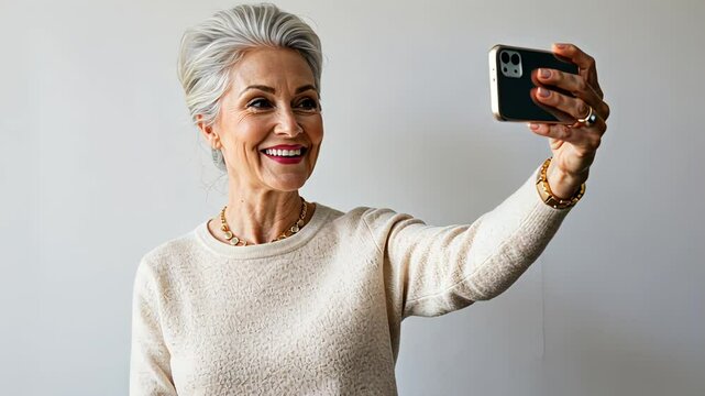 Senior woman taking selfie with smartphone. Happy mature female posing for self-portrait. Concept of modern elderly and technology footage.