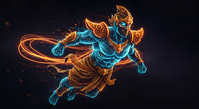 Flying Neon Gatotkaca Warrior with Glowing Batik Armor