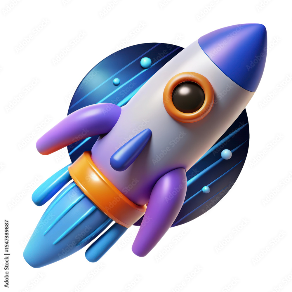 Poster 3d rendering of a toy rocket launching to space plasticstyle icon isolated on transparent background