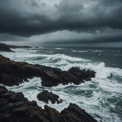 Explore a stormy coastline where grey skies and crashing waves create a powerful sense of wild beauty