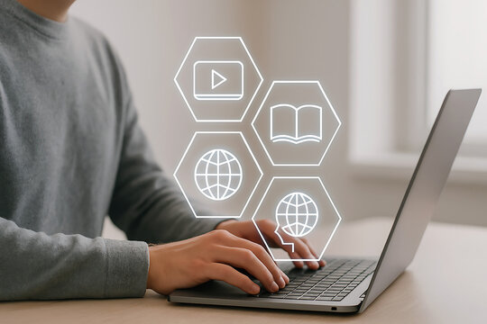 Man typing on laptop with transparent floating business and data management icons