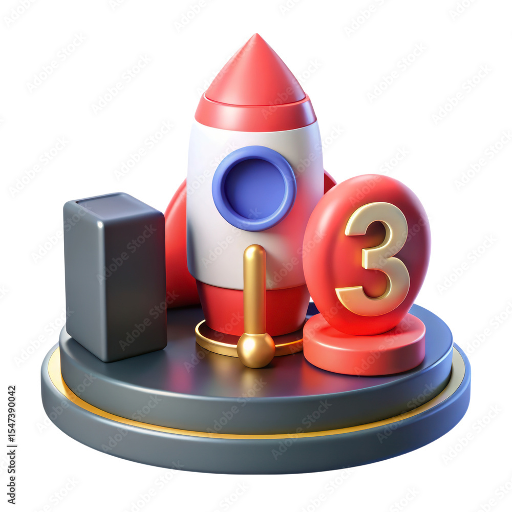 Poster 3d rendering of rocket launching with number three isolated on transparent background platform