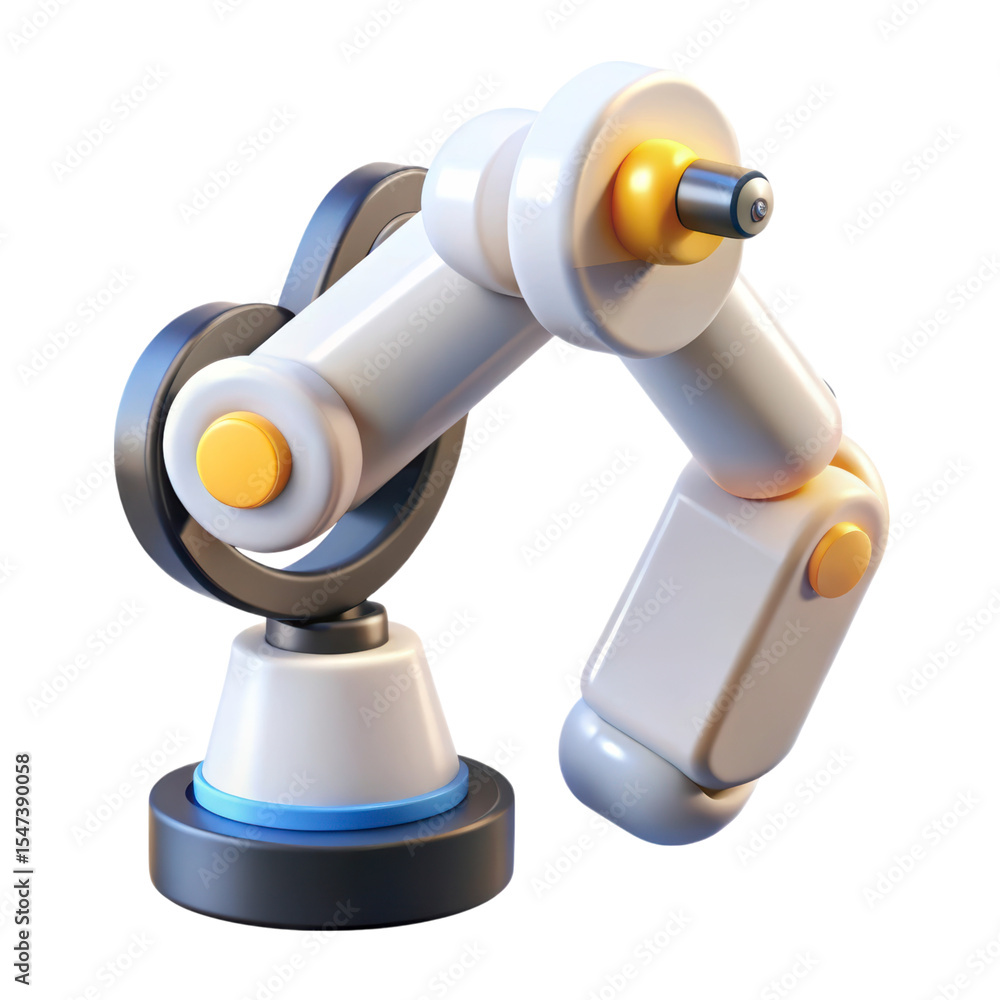 Poster 3d rendering of white robotic arm with yellow accents isolated on transparent background