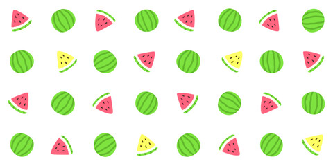 A whole green watermelon and its red and yellow slices on a white background. Fruit pieces. Colorful endless texture with summer fruit. Vector seamless pattern for packaging, surface texture, printing