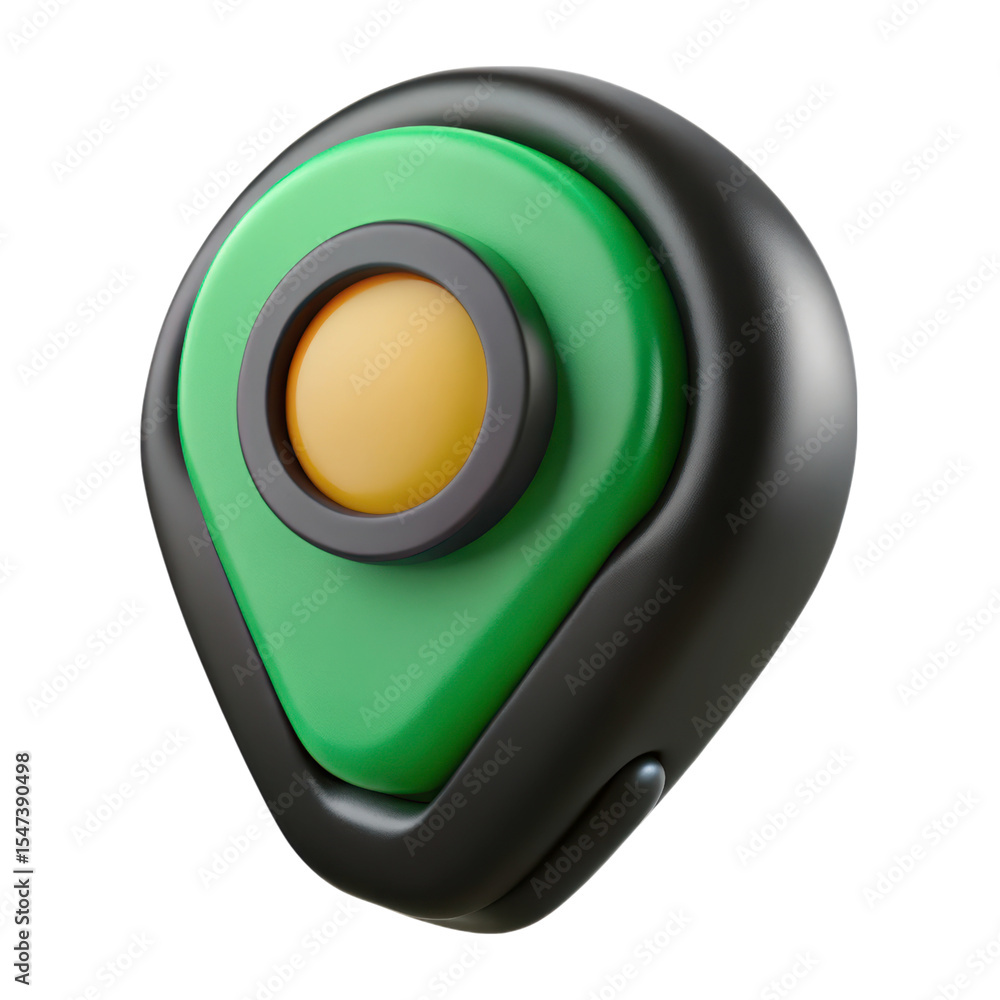 Poster 3d rendering plasticstyle icon of a green location pointer with a yellow center solated on transpare