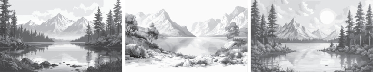 Lake and Mountain Landscape Vector Illustration.
