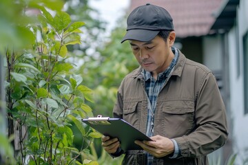 Asian inspector reviewing the structure of a new property, taking notes in a clipboard for evaluation and necessary repairs before selling to a client, Generative AI