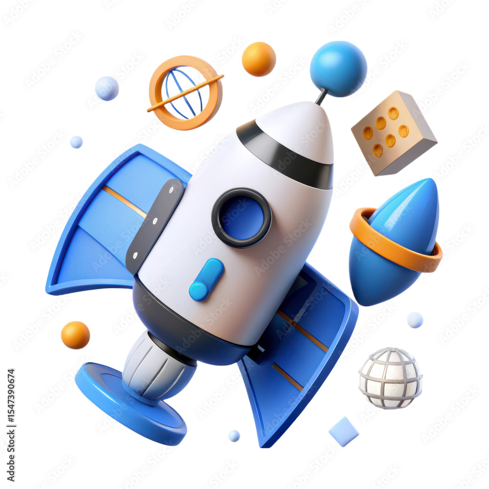 Poster 3d rendering plasticstyle icon of a rocket launching into space surrounded by celestial objects isol