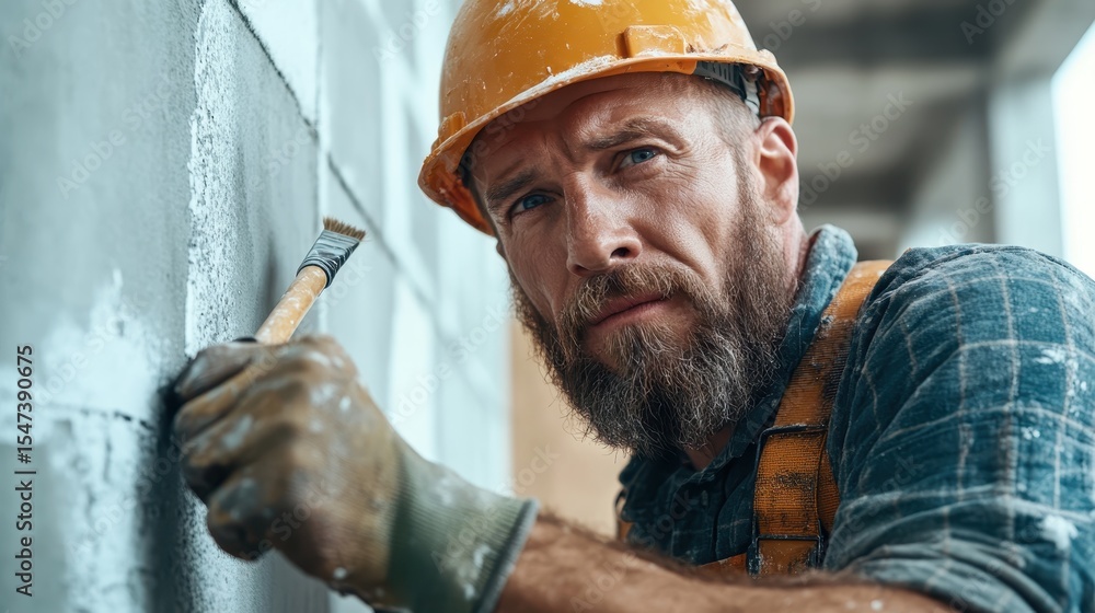Poster a focused construction worker wearing a safety helmet, concentrating on his task while demonstrating